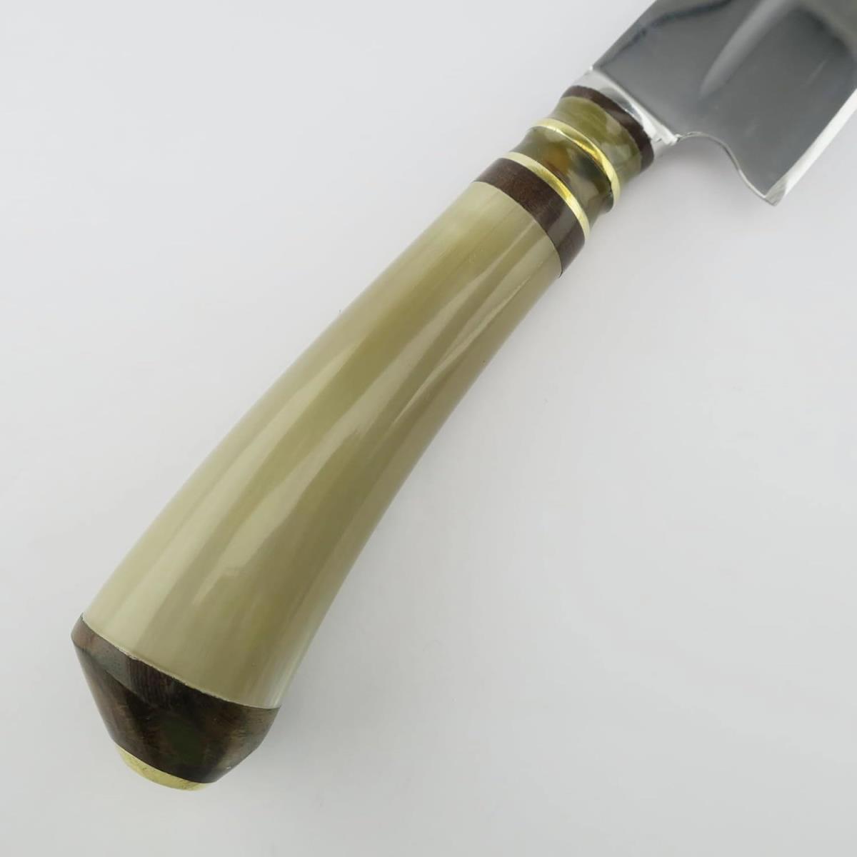 Cow 7.1-inch light knife with a stainless steel blade and a cream-colored handle, ideal for kitchen tasks. Features elegant wood and brass accents near the bolster and butt cap, showcasing fine craftsmanship.