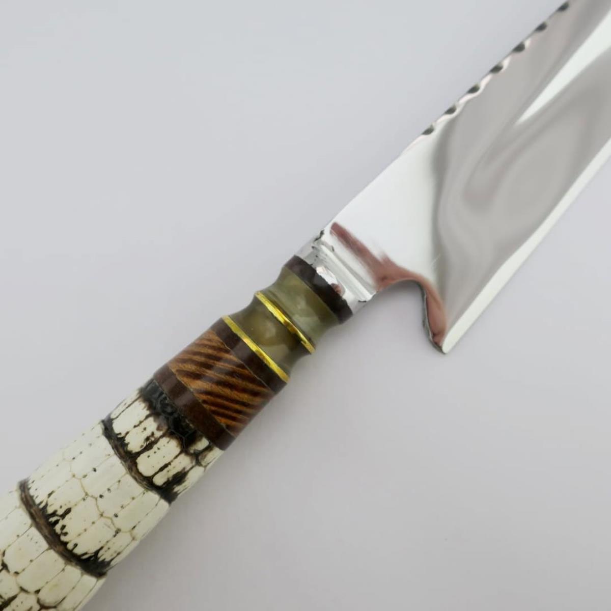 Cuchillo artesanal de Cola de Armadillo con mango único, hecho de secciones de cola de armadillo, madera y un acento en cuerno de vaca, con hoja de acero inoxidable pulido y lomo serrado de 14cm de largo.