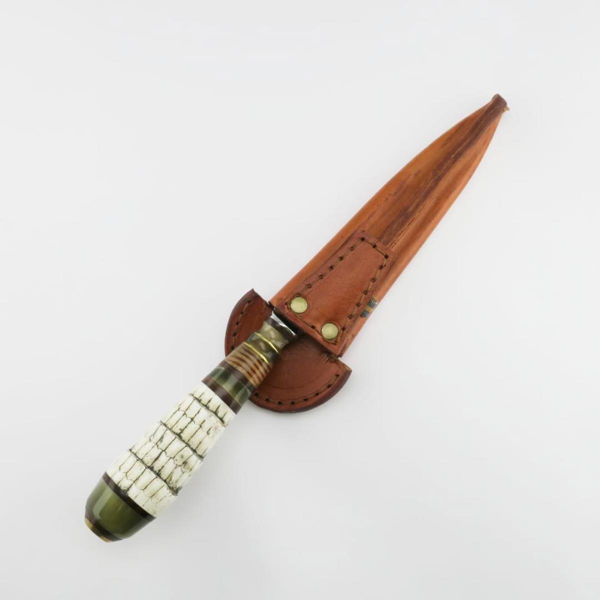 Cuchillo de cola de armadillo con hoja de acero inoxidable de 16 cm, presenta un mango artesanal de escamas de cola de armadillo y una funda de cuero marrón.