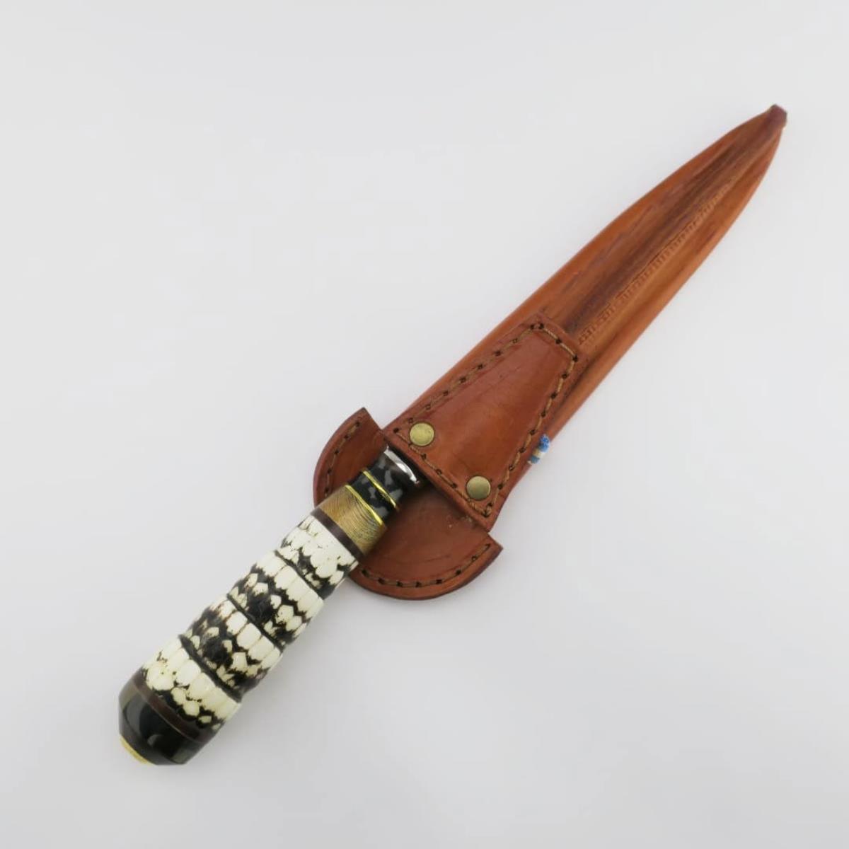 Cuchillo artesanal con mango de cola de armadillo y hoja de acero inoxidable, incluye funda de cuero hecha a mano.