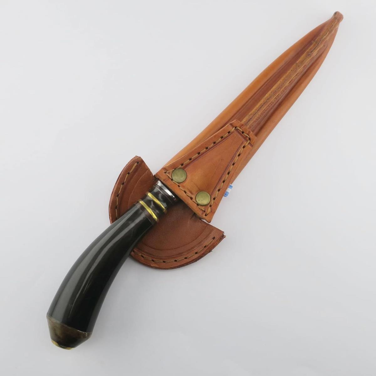 Premium 7.1-inch dark handle stainless steel knife with a cow horn handle, perfect for collectors or outdoor enthusiasts. Comes with a custom-fit brown leather sheath.