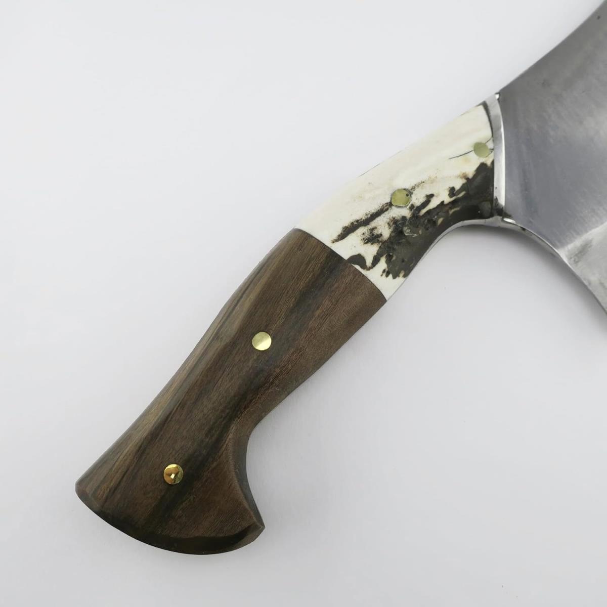 Handmade Deer 7.68-inch Hatchet with Black Steel Blade, Antler, and Dark Wood Handle, featuring brass pins. Ideal for outdoor use and craftsmanship.