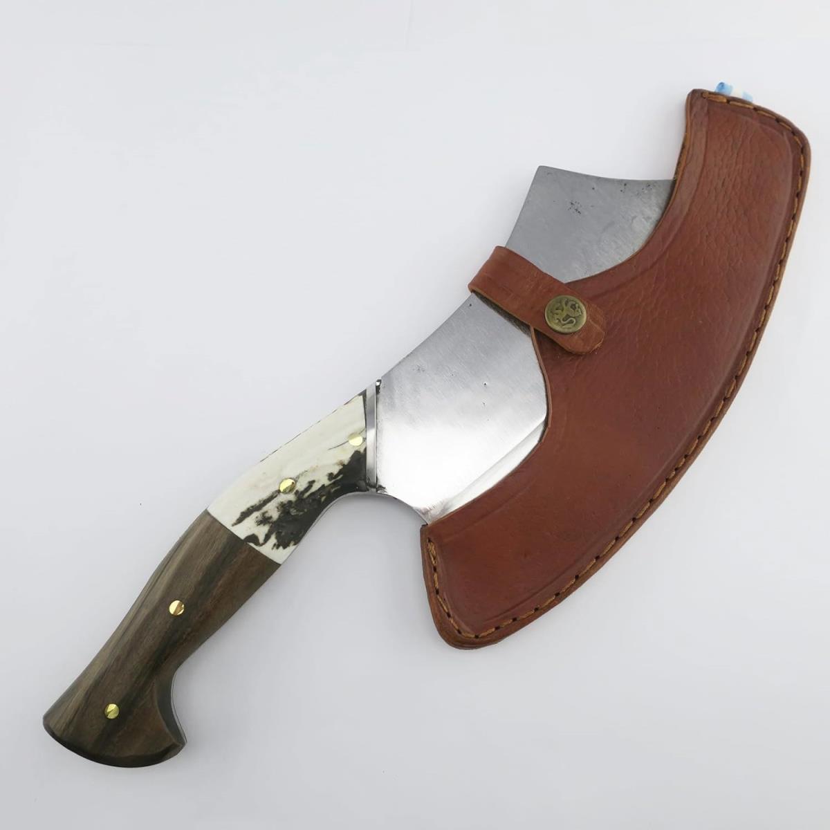 Deer 7.68-inch black steel hatchet with a unique antler and wood handle, complete with a custom brown leather sheath. Perfect for outdoor enthusiasts and collectors.