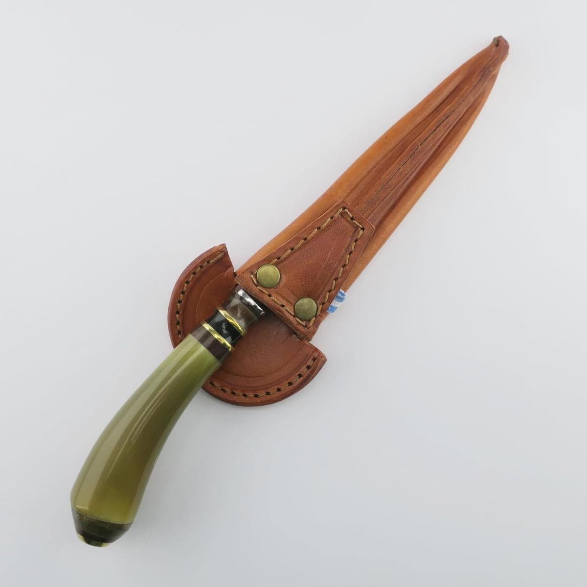 Lightweight 6.3-inch stainless steel knife with a green handle and brown leather sheath, perfect for outdoor enthusiasts.
